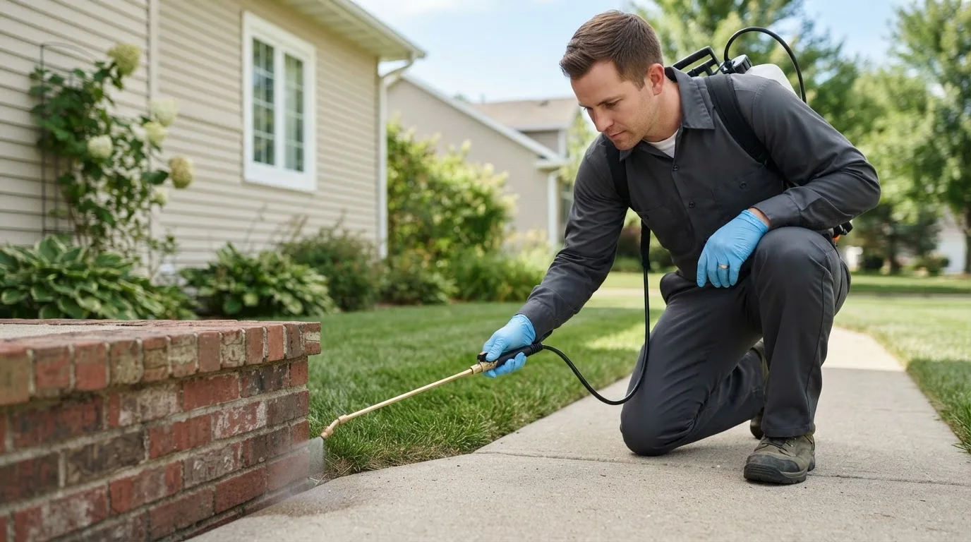 Pest control technician treating a home near Letcher, SD
